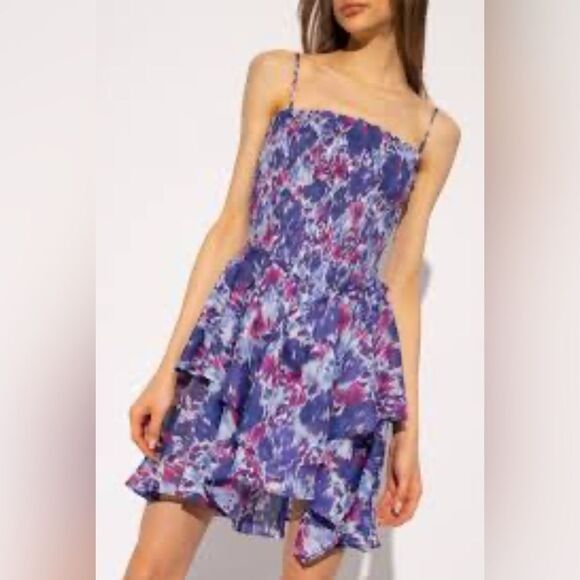 Isabel Marant Etoile Anka Smocked Tiered Cotton Mini Dress Floral Ruffle 38 - Picture 3 of 10
